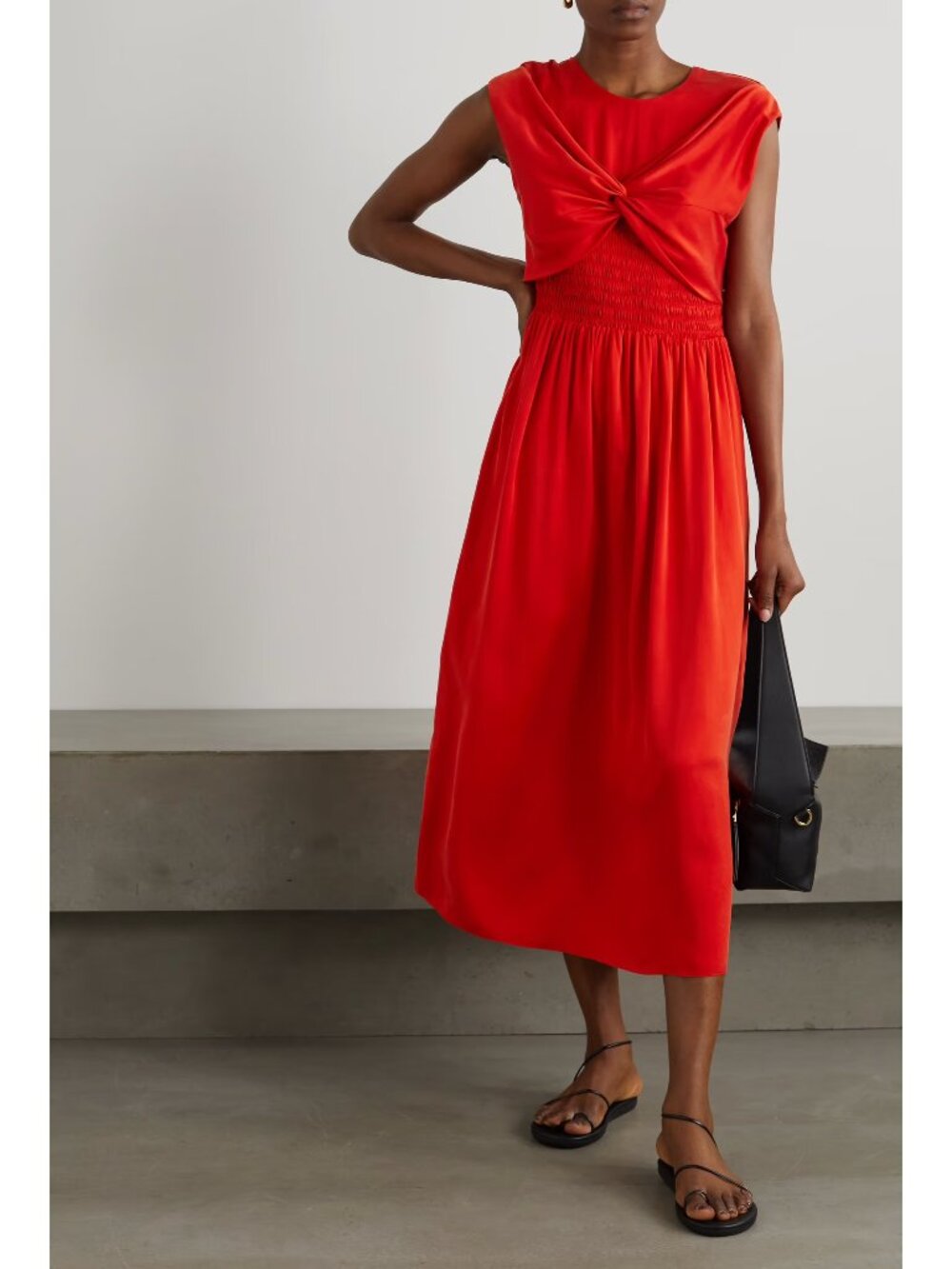 TOVE "Mahany" Red Silk Twist-Front Smocked Waist Midi Dress — Size 40 (US 8)
